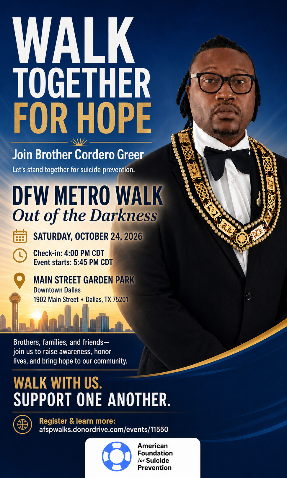 American Foundation for Suicide Prevention — DFW Metro Walk — Walk Together for Hope event flyer. Details alongside.