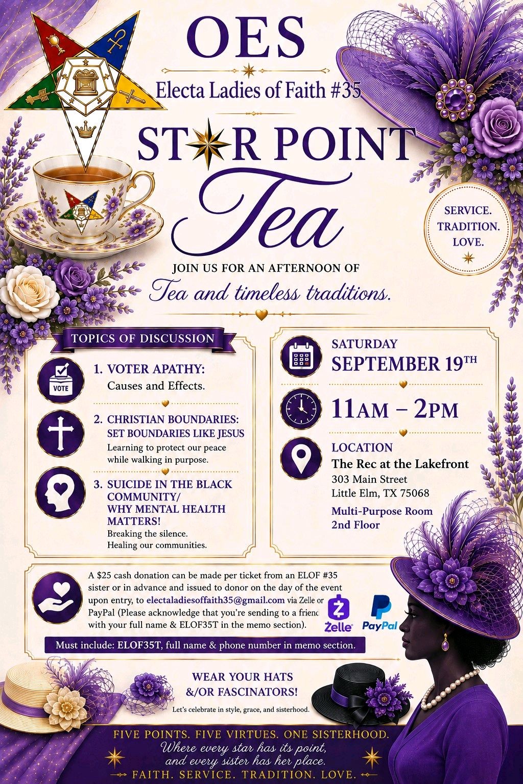OES Electa Ladies of Faith #35 — Star Point Tea event flyer. Details alongside.